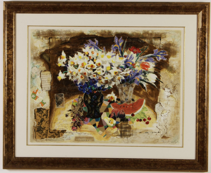 20th C. Still Life Litho, Flowers, Melon, Figures