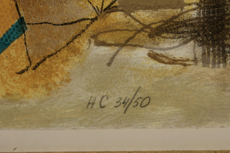 20th C. Still Life Litho, Flowers, Melon, Figures
