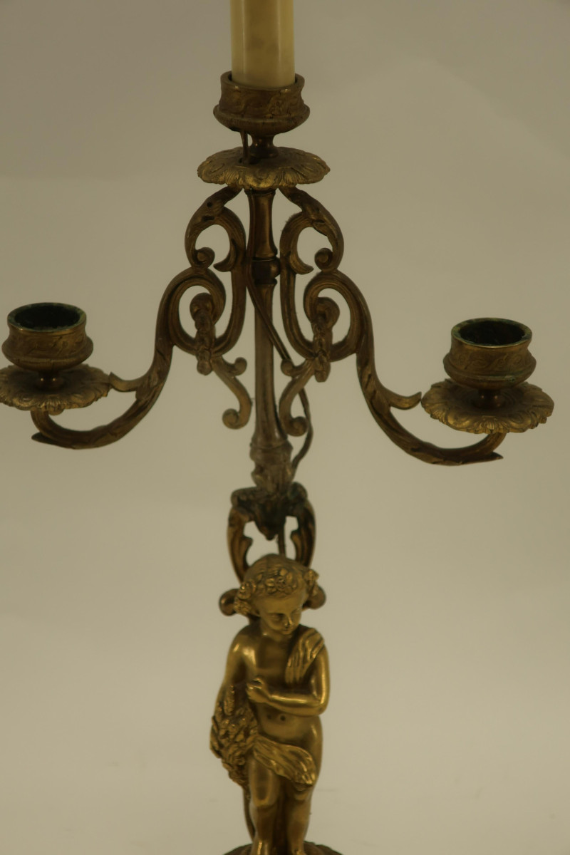 French Gilt Bronze Figural 2 Light 2 Candle Lamp