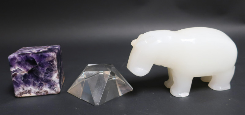 3 Hardstone/Glass Paperweights &amp; Rhino