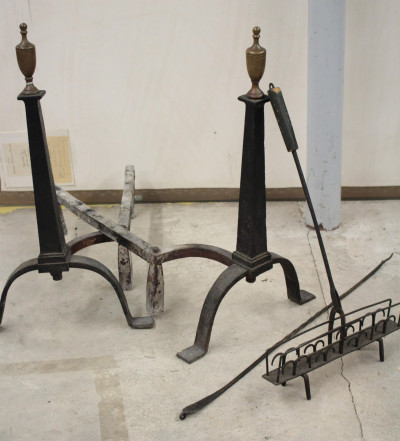 Obelisk Column Form Iron Andirons; Accessories
