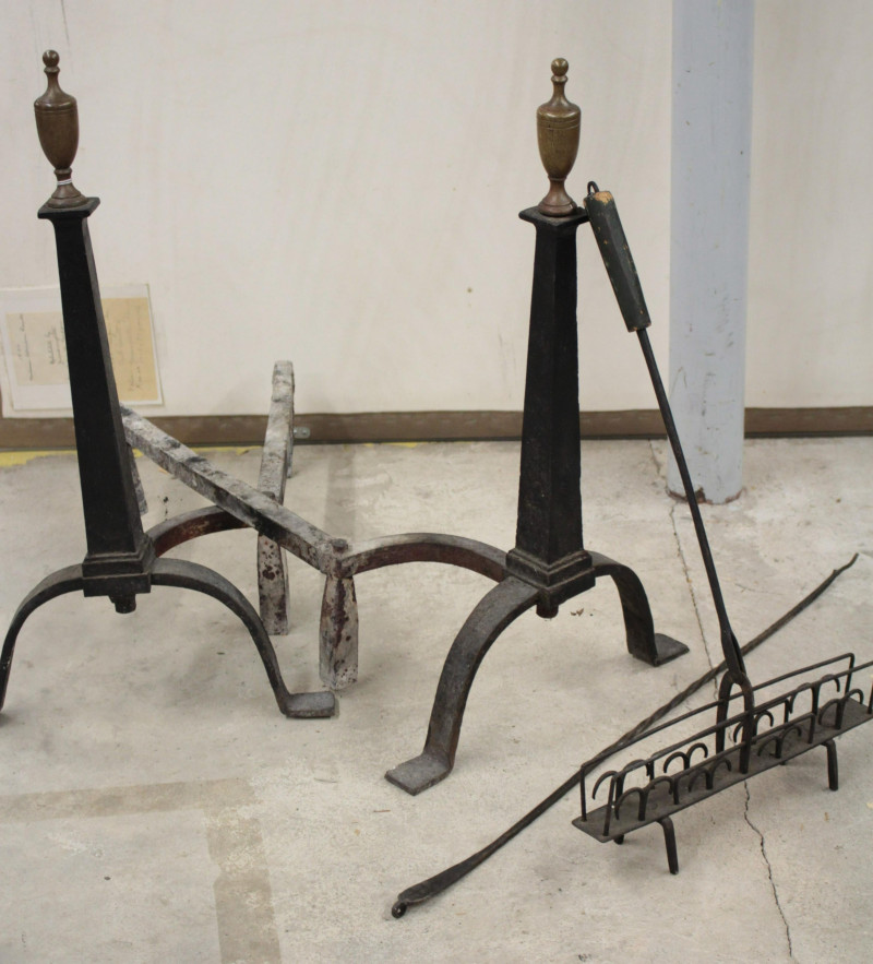Obelisk Column Form Iron Andirons; Accessories