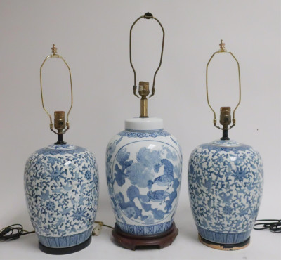 3 Blue &amp; White Chinese Style Porcelain Lamps