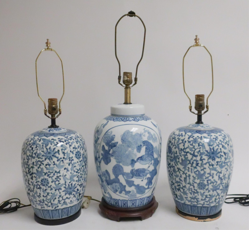 3 Blue &amp; White Chinese Style Porcelain Lamps