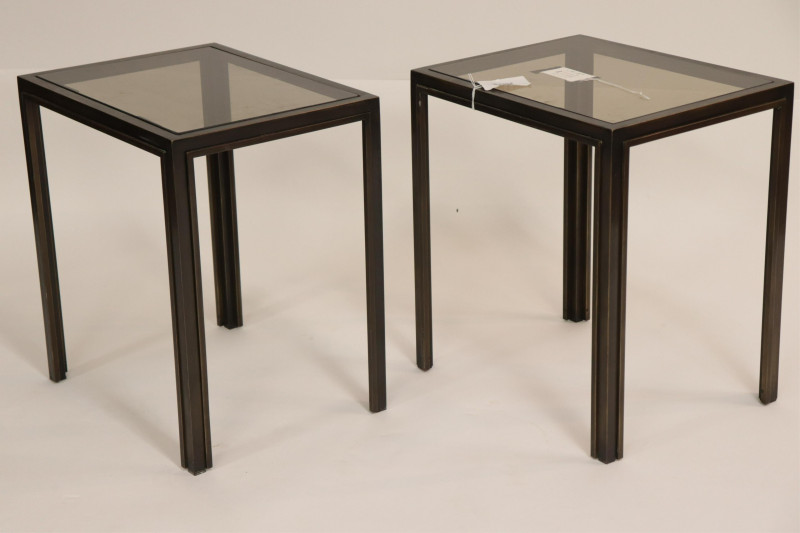 Pr 1970&apos;s Patinated Brass &amp; Smoke Glass End Tables