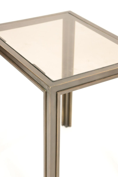 Pr 1970&apos;s Patinated Brass &amp; Smoke Glass End Tables