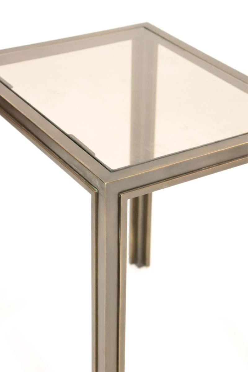 Pr 1970&apos;s Patinated Brass &amp; Smoke Glass End Tables