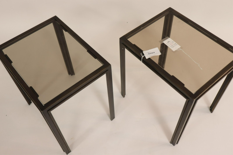 Pr 1970&apos;s Patinated Brass &amp; Smoke Glass End Tables