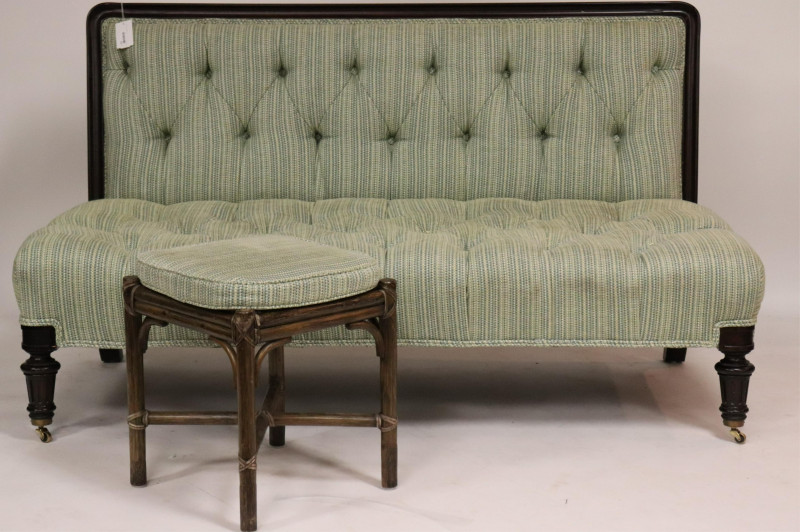 Victorian Wood Upholstered Settee &amp; Rattan Stool