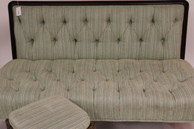 Victorian Wood Upholstered Settee &amp; Rattan Stool