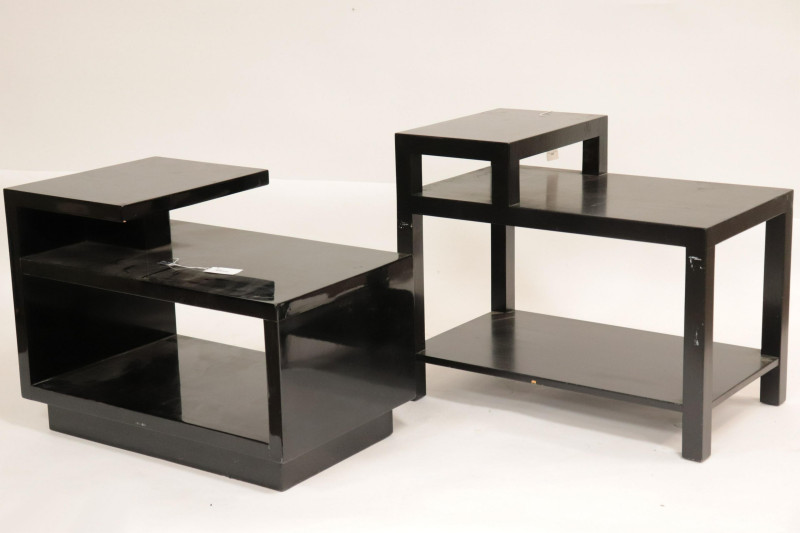 Two Black Lacquer &amp; Painted Stepped End Tables