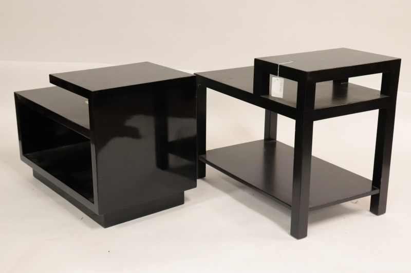 Two Black Lacquer &amp; Painted Stepped End Tables
