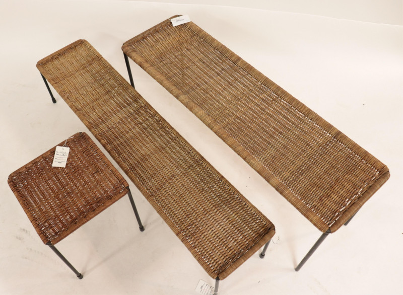 3 Mid Century Wicker &amp; Wrought Iron Side Tables