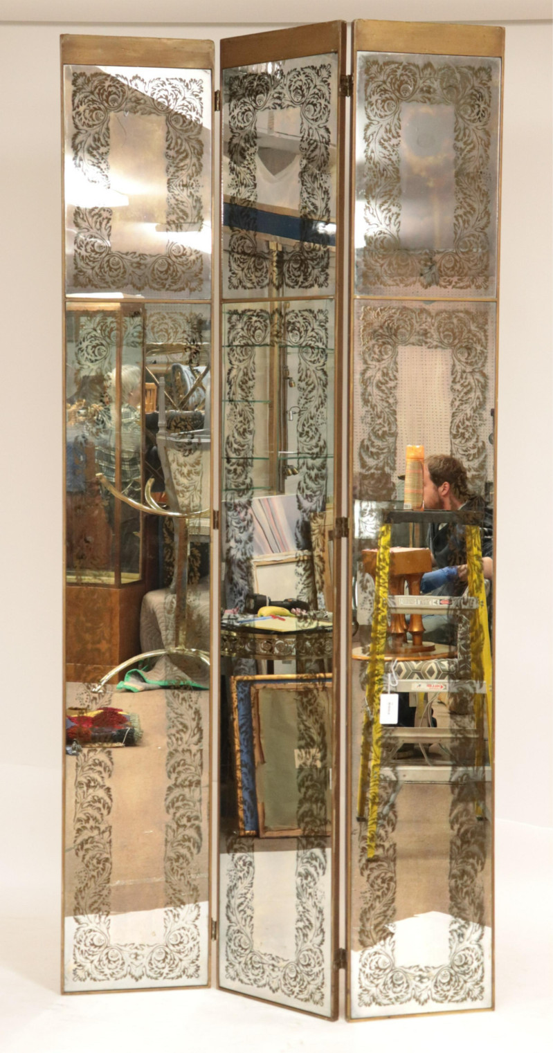 1970&apos;s Reverse Glass Gold Painted 3 Panel Screen