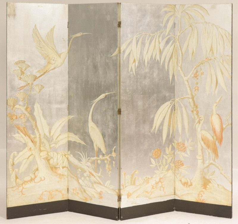Art Deco Painted &amp; Silver 4 Panel Screen, 1935