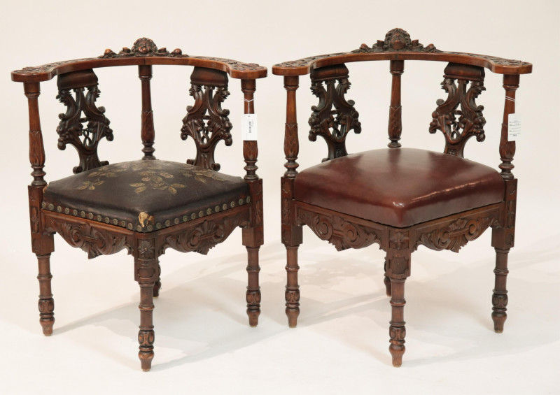 Two Italian Renaissance Style Walnut Corner Chairs