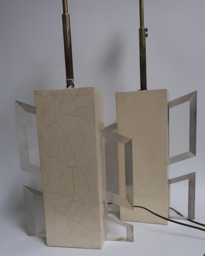 Pair 1970&apos;s White Lacquer &amp; Lucite Lamps
