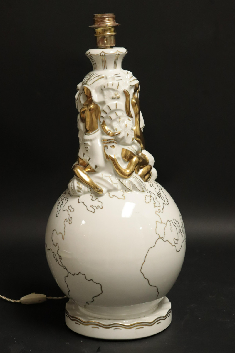 French Art Deco Gilt White Ceramic Globe Lamp