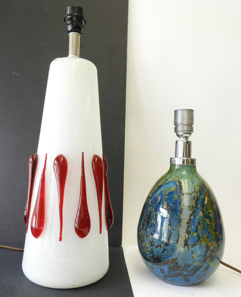 2 Venetian White &amp; Green Mottled Glass Lamps