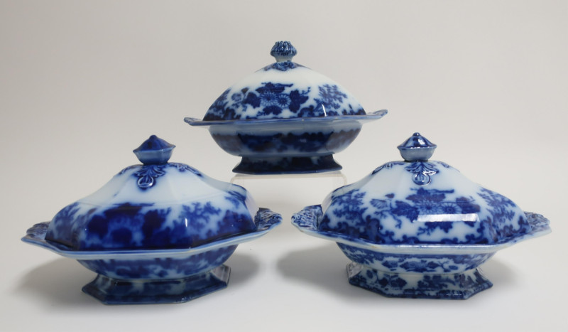3 Flow Blue &apos;Scinde&apos; Transferware Casserole Dishes