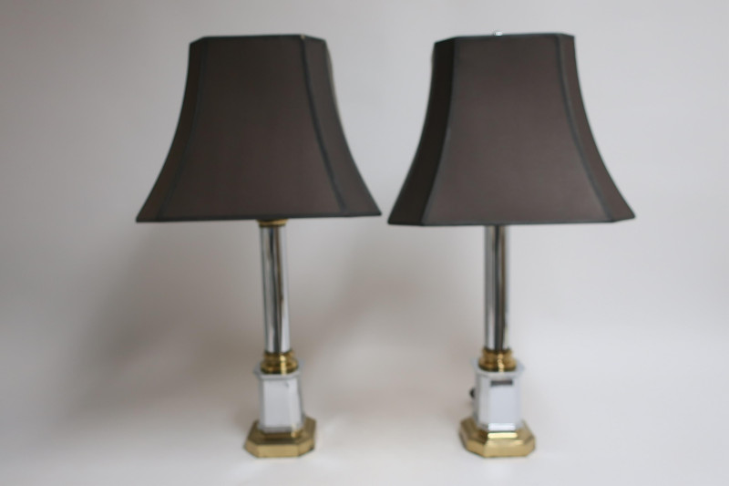 Pr. Modern Chrome and Brass Column Table Lamps