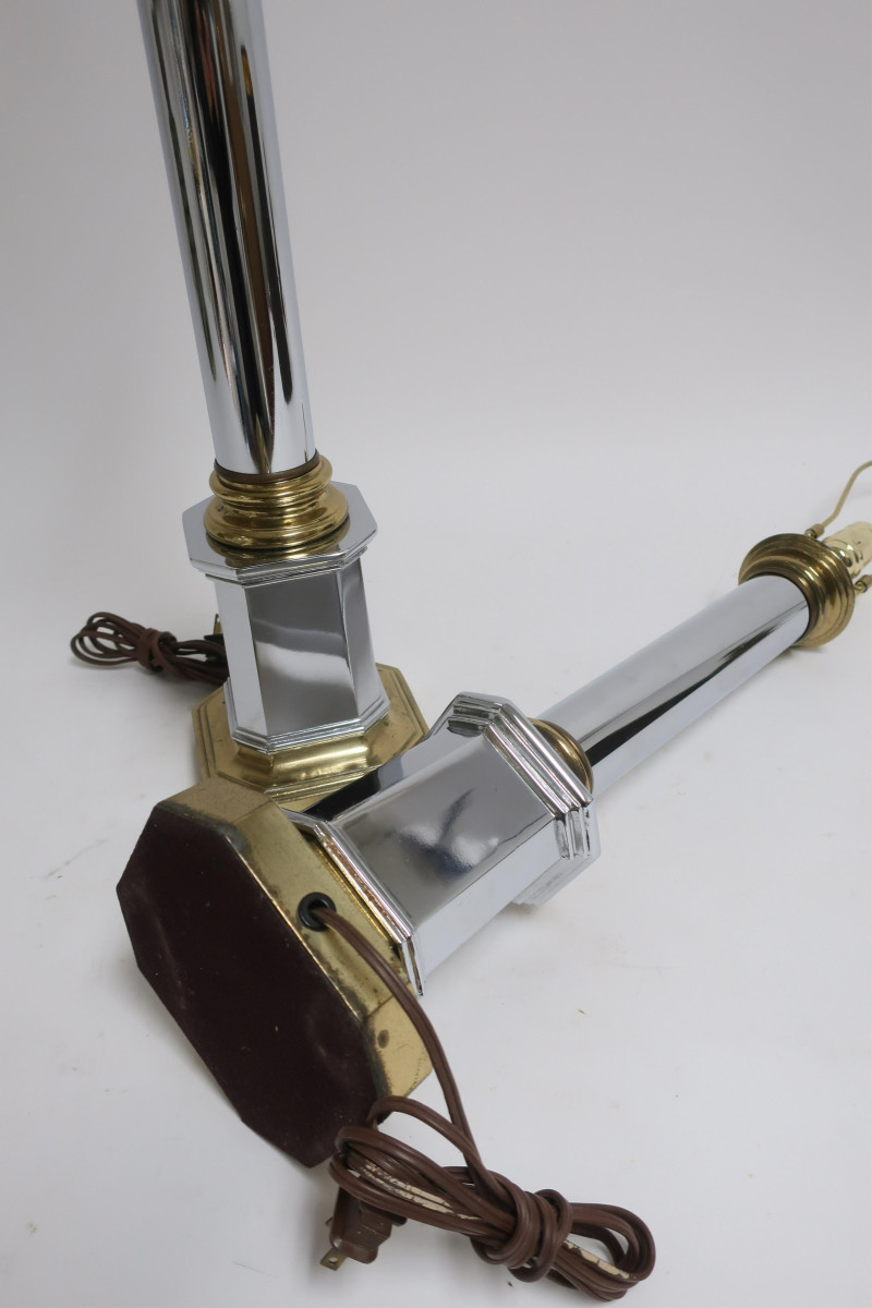 Pr. Modern Chrome and Brass Column Table Lamps
