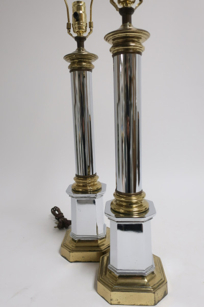 Pr. Modern Chrome and Brass Column Table Lamps