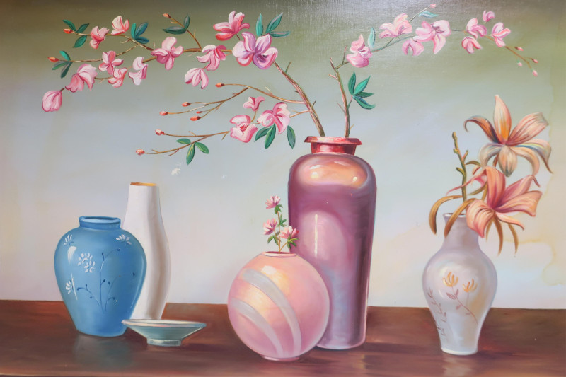 A. Fontay, Still Life, 5 vases with flowers, O/C