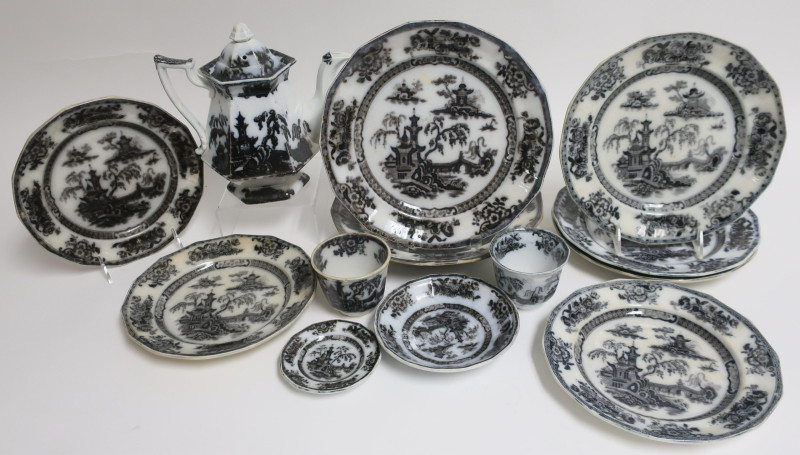 12 Pelew Mulberry Ironstone Transferware, 19th C.