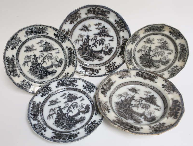 12 Pelew Mulberry Ironstone Transferware, 19th C.