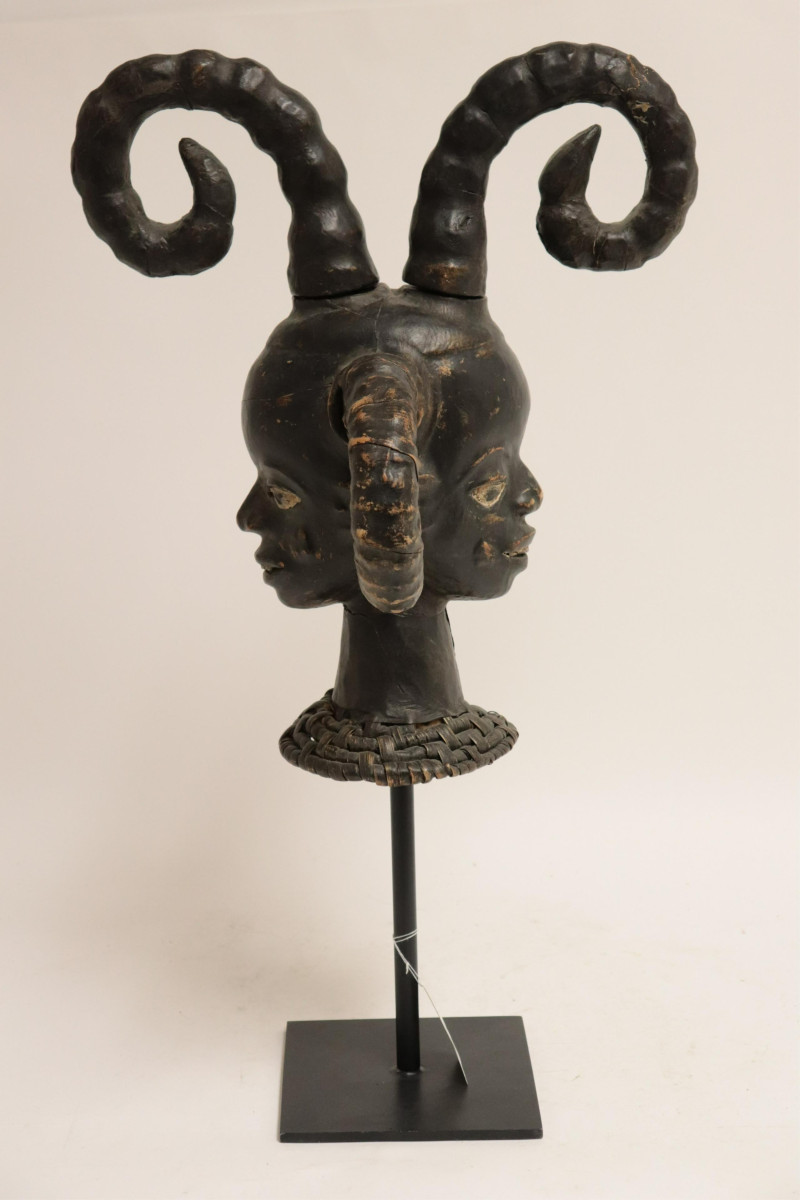 Ejagham &quot;Ekai&quot; Black Goat Skin Crest Mask on Stand