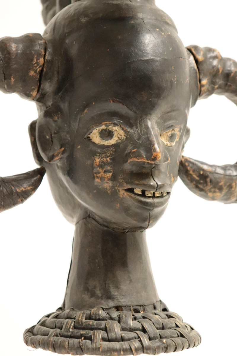 Ejagham &quot;Ekai&quot; Black Goat Skin Crest Mask on Stand
