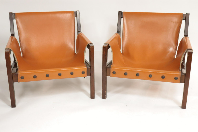 Jorge Zalszupin Style Leather &amp; Wood Armchairs