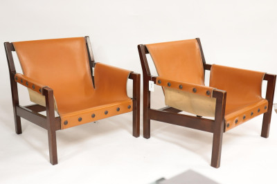 Jorge Zalszupin Style Leather &amp; Wood Armchairs
