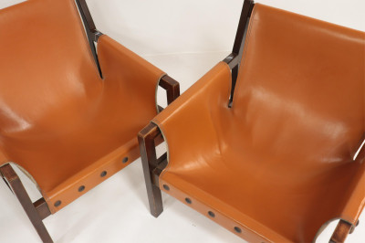 Jorge Zalszupin Style Leather &amp; Wood Armchairs