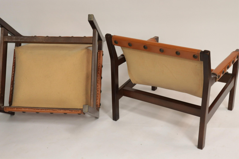 Jorge Zalszupin Style Leather &amp; Wood Armchairs