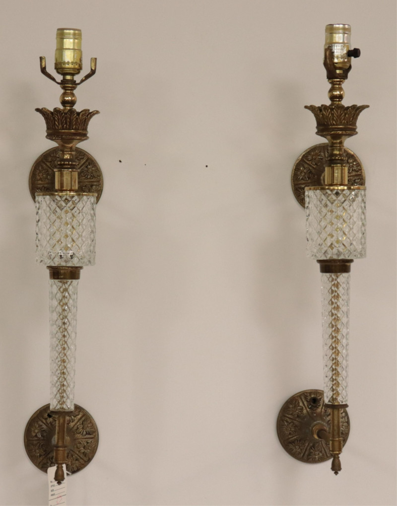 Pair Hollywood Regency Glass &amp; Brass Wall Lights