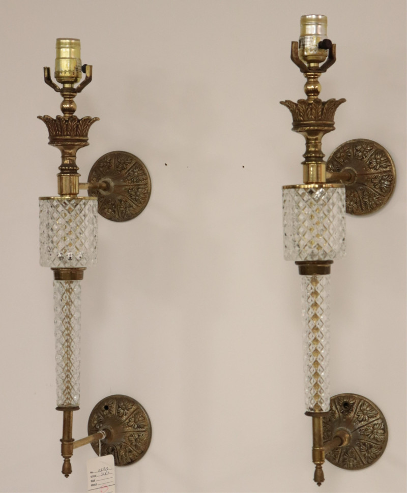 Pair Hollywood Regency Glass &amp; Brass Wall Lights