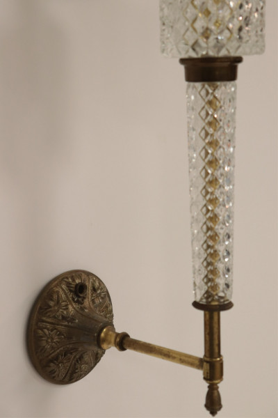 Pair Hollywood Regency Glass &amp; Brass Wall Lights