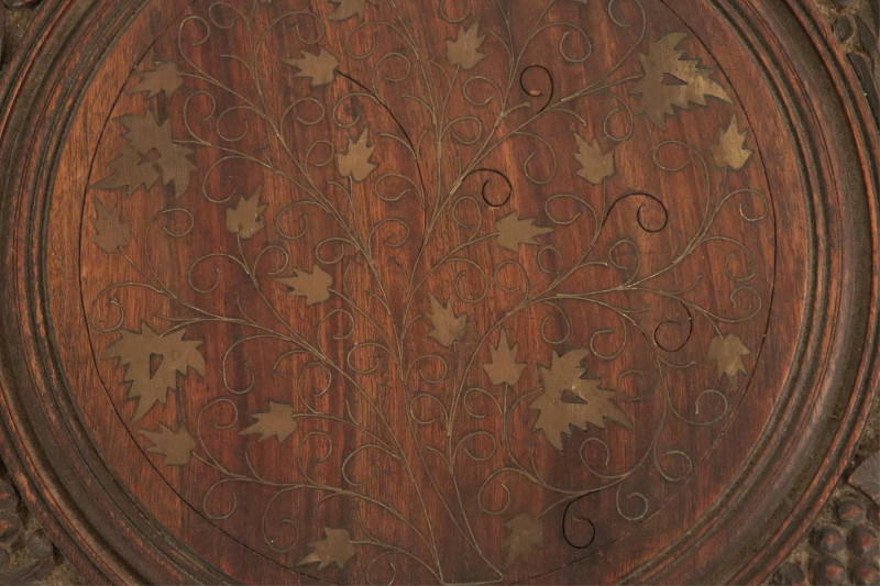Burmese Style Brass Inlaid Carved Teak Side Table