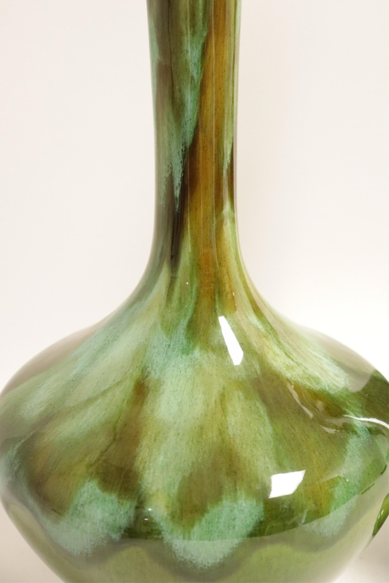 Midcentury Green Flambe Ceramic &amp; Brass Lamps