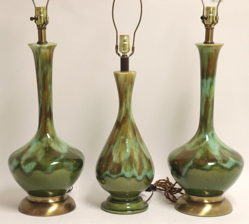 Midcentury Green Flambe Ceramic &amp; Brass Lamps
