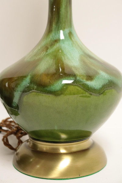 Midcentury Green Flambe Ceramic &amp; Brass Lamps