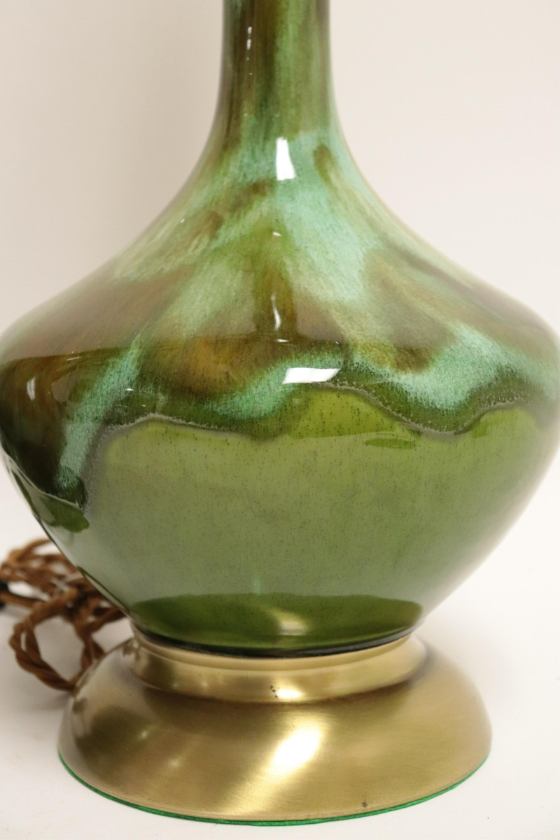 Midcentury Green Flambe Ceramic &amp; Brass Lamps