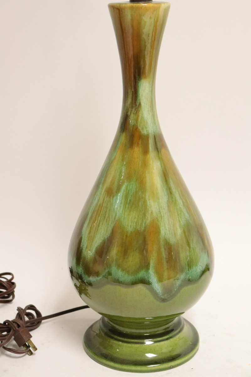 Midcentury Green Flambe Ceramic &amp; Brass Lamps