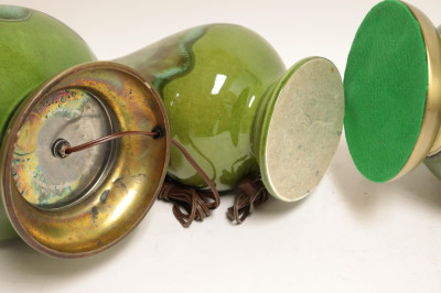 Midcentury Green Flambe Ceramic &amp; Brass Lamps