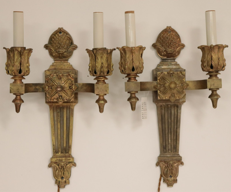 Louis XVI Style Foliate Cast Brass 2-Light Sconces