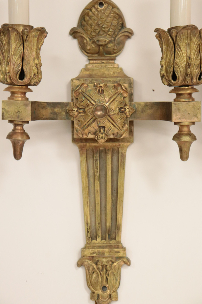 Louis XVI Style Foliate Cast Brass 2-Light Sconces