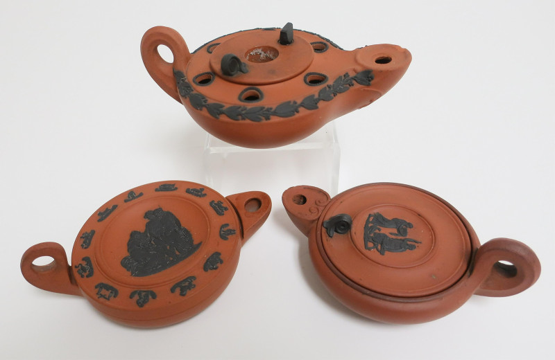 3 Wedgwood Rosso Antico Oil Lamps