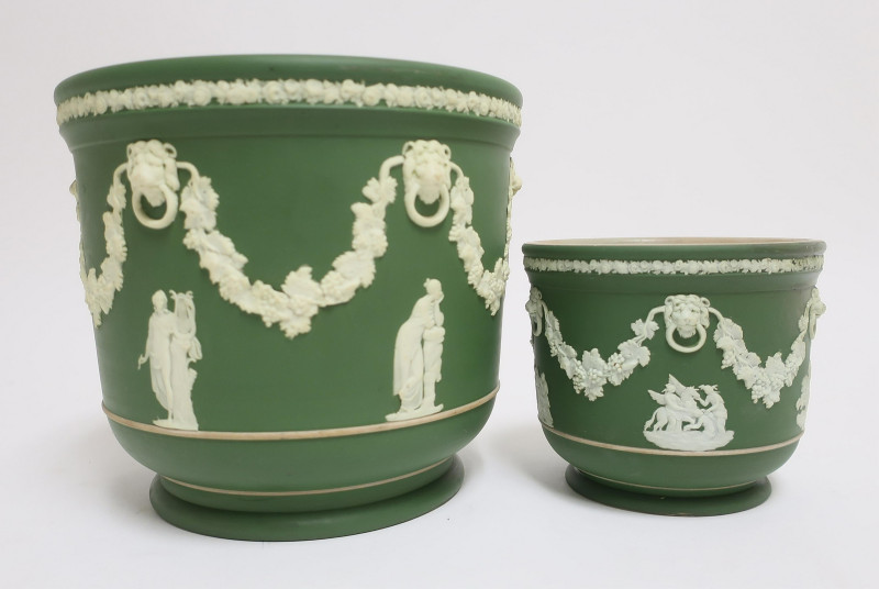 2 Wedgwood Deep Green Jasper Dip Jardinieres